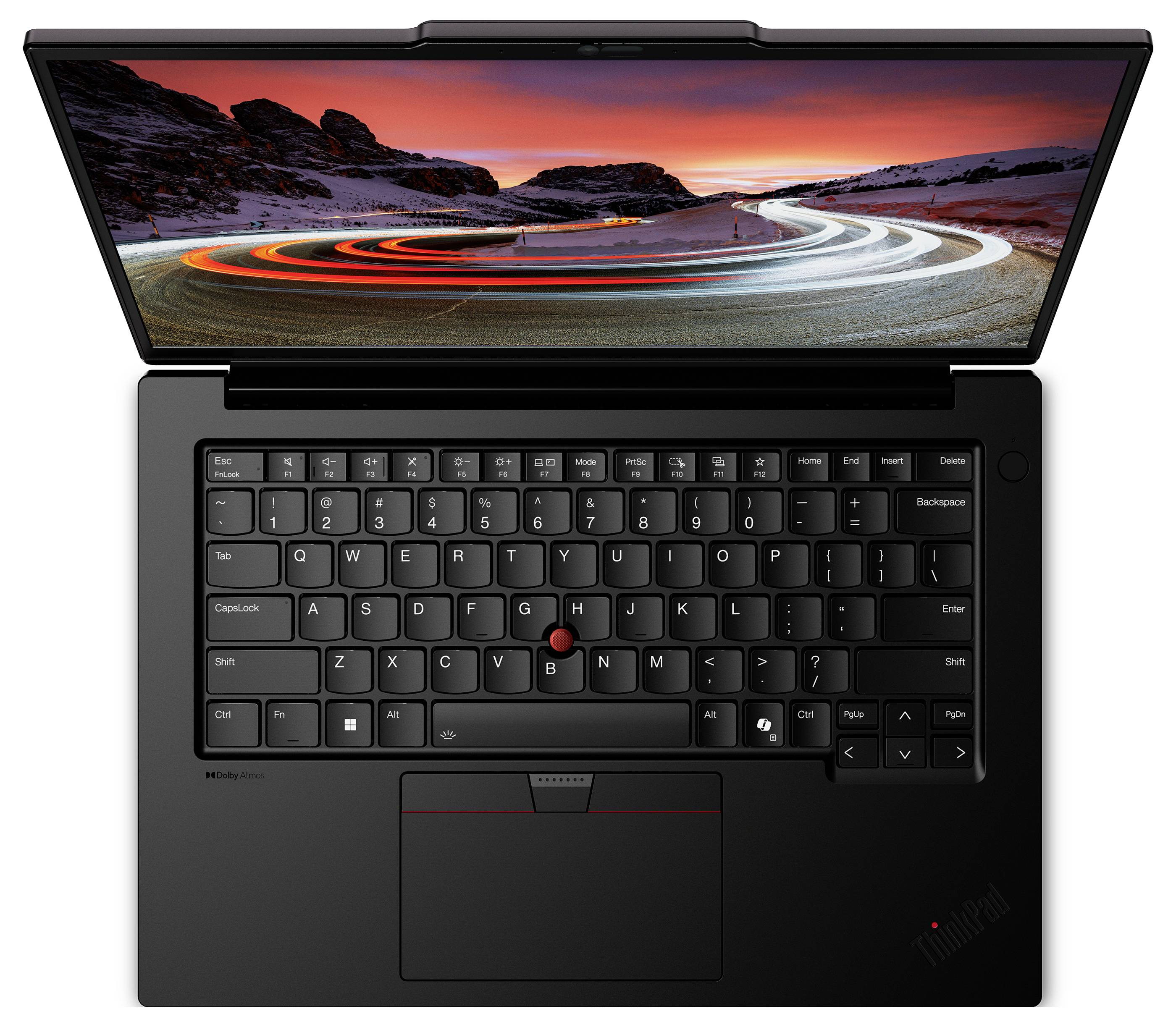 Offener Laptop, der eine Sonnenuntergangsszene mit Lichtspuren auf dem Bildschirm anzeigt. Die Tastatur ist sichtbar und hebt einen roten Zeigerstab in der Mitte hervor.