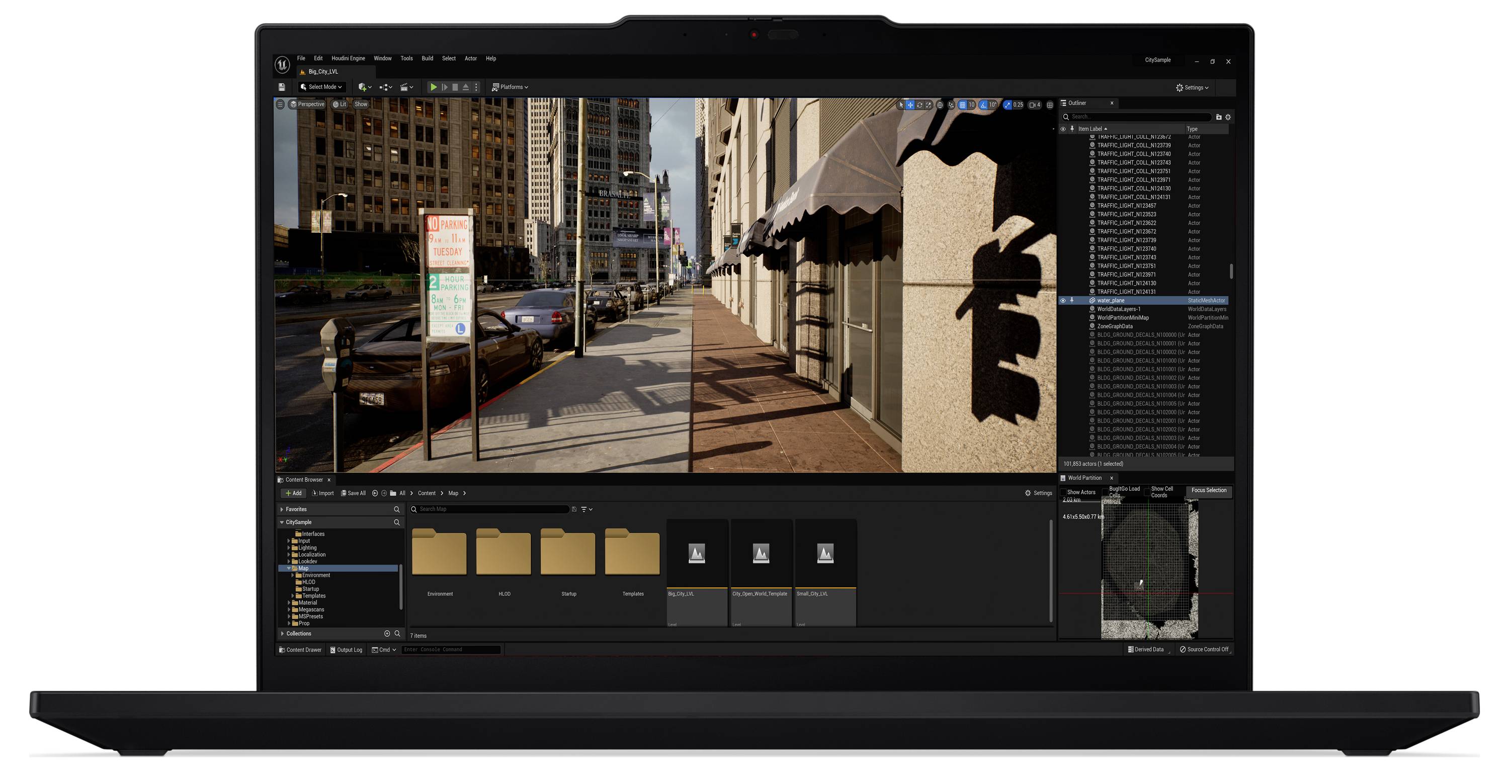 Ein Laptop-Bildschirm zeigt eine Stadtstraßenszene in einer Fotobearbeitungssoftware an, wobei verschiedene Bearbeitungswerkzeuge und Fenster auf der Benutzeroberfläche sichtbar sind.