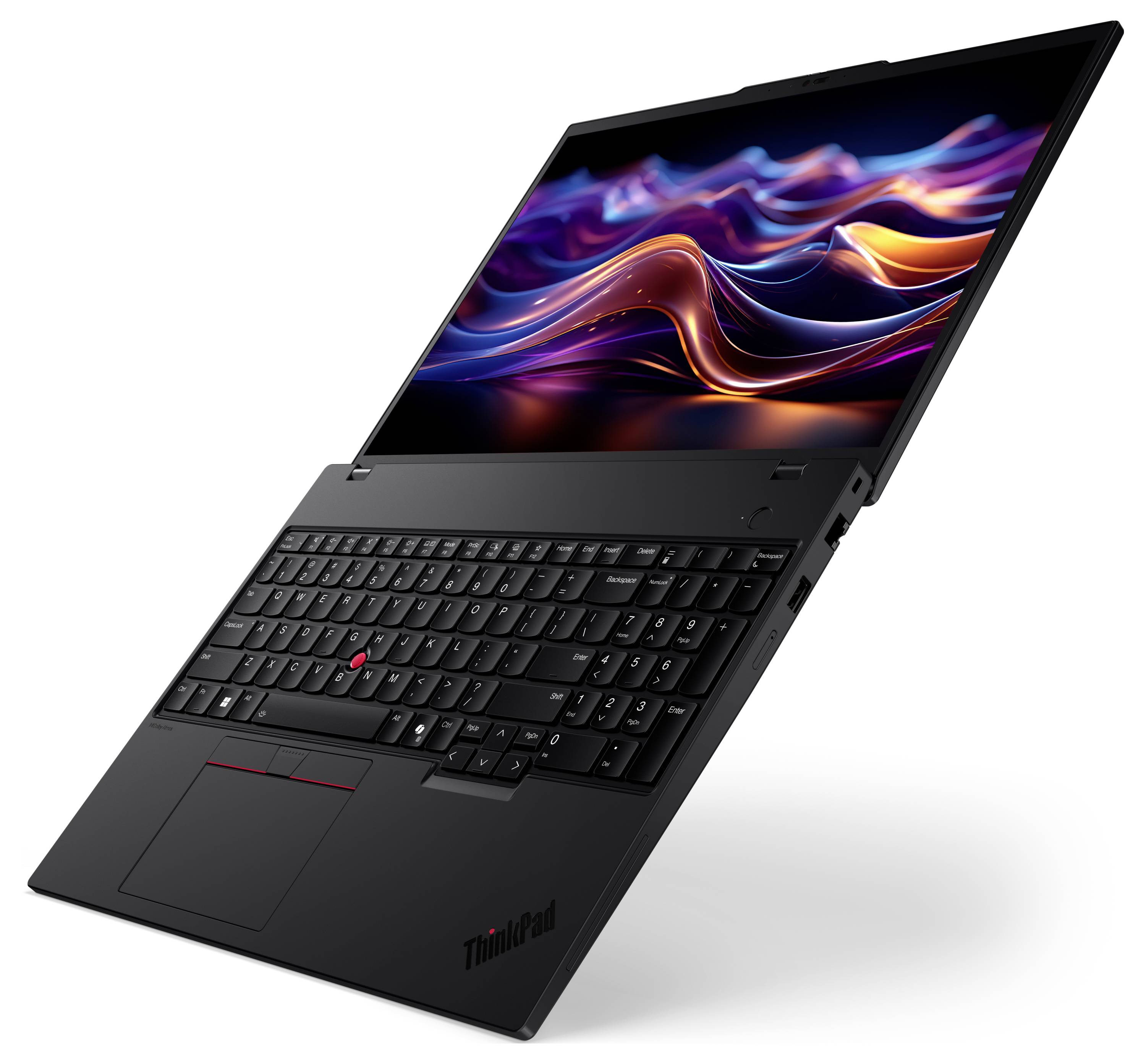 Ein eleganter schwarzer Laptop mit einem lebendigen, farbenfrohen Wellenmuster auf dem Bildschirm, zeigt eine offene Tastatur und einen Schatten darunter.