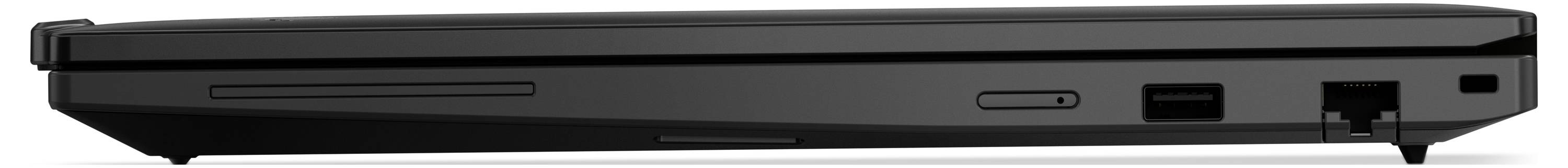 Seitenansicht eines geschlossenen schwarzen Laptops, die einen USB-Anschluss, einen Ethernet-Anschluss und andere Konnektivitätsfunktionen auf der rechten Seite zeigt.