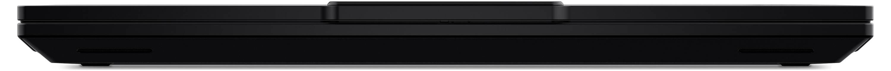 Ein geschlossener schwarzer Laptop, von vorne betrachtet, mit einem sichtbaren Scharnier in der Mitte oben.