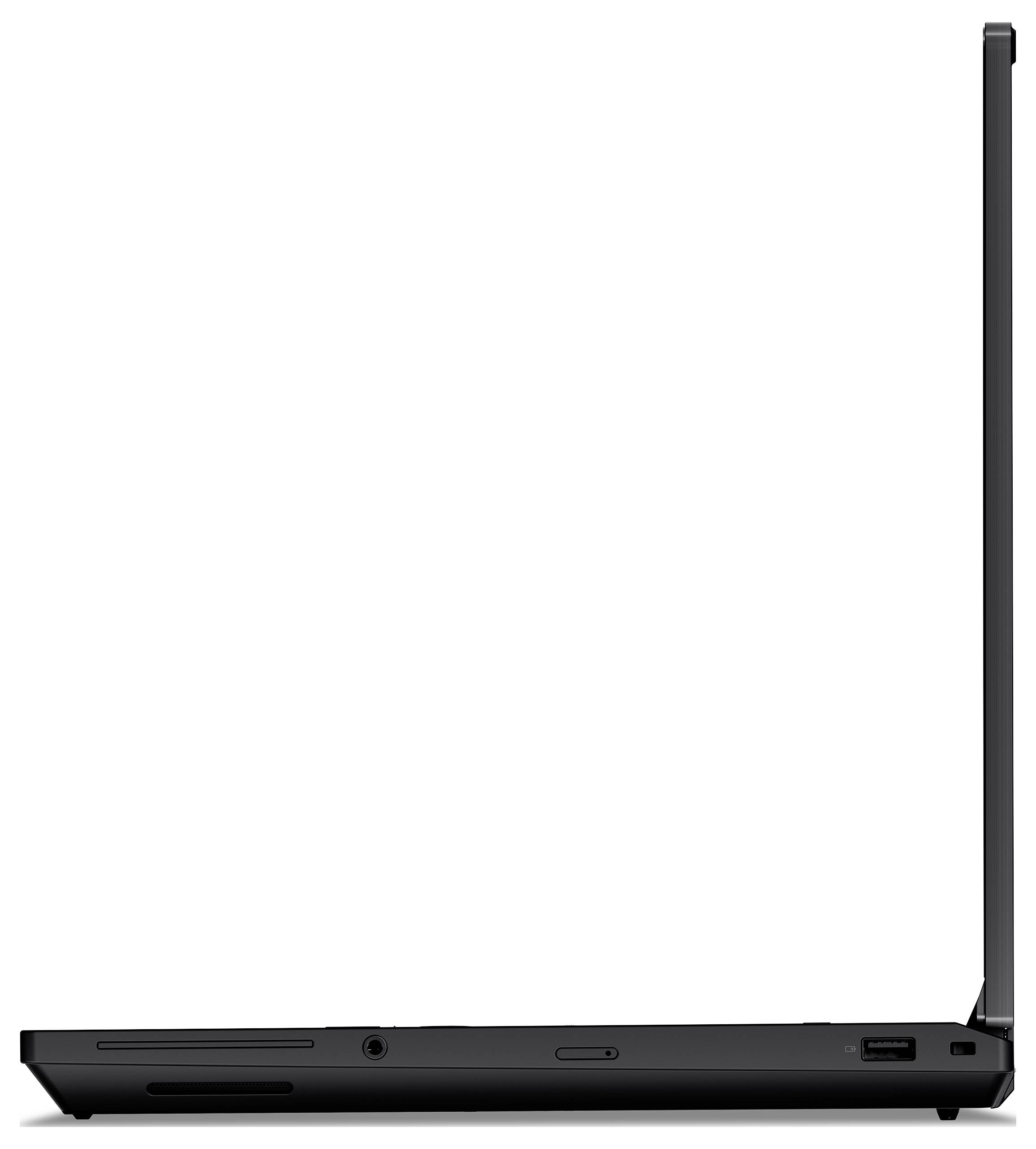 Eine Seitenansicht eines schlanken, offenen schwarzen Laptops mit sichtbaren Anschlüssen, die sein elegantes und minimalistisches Design zeigt.