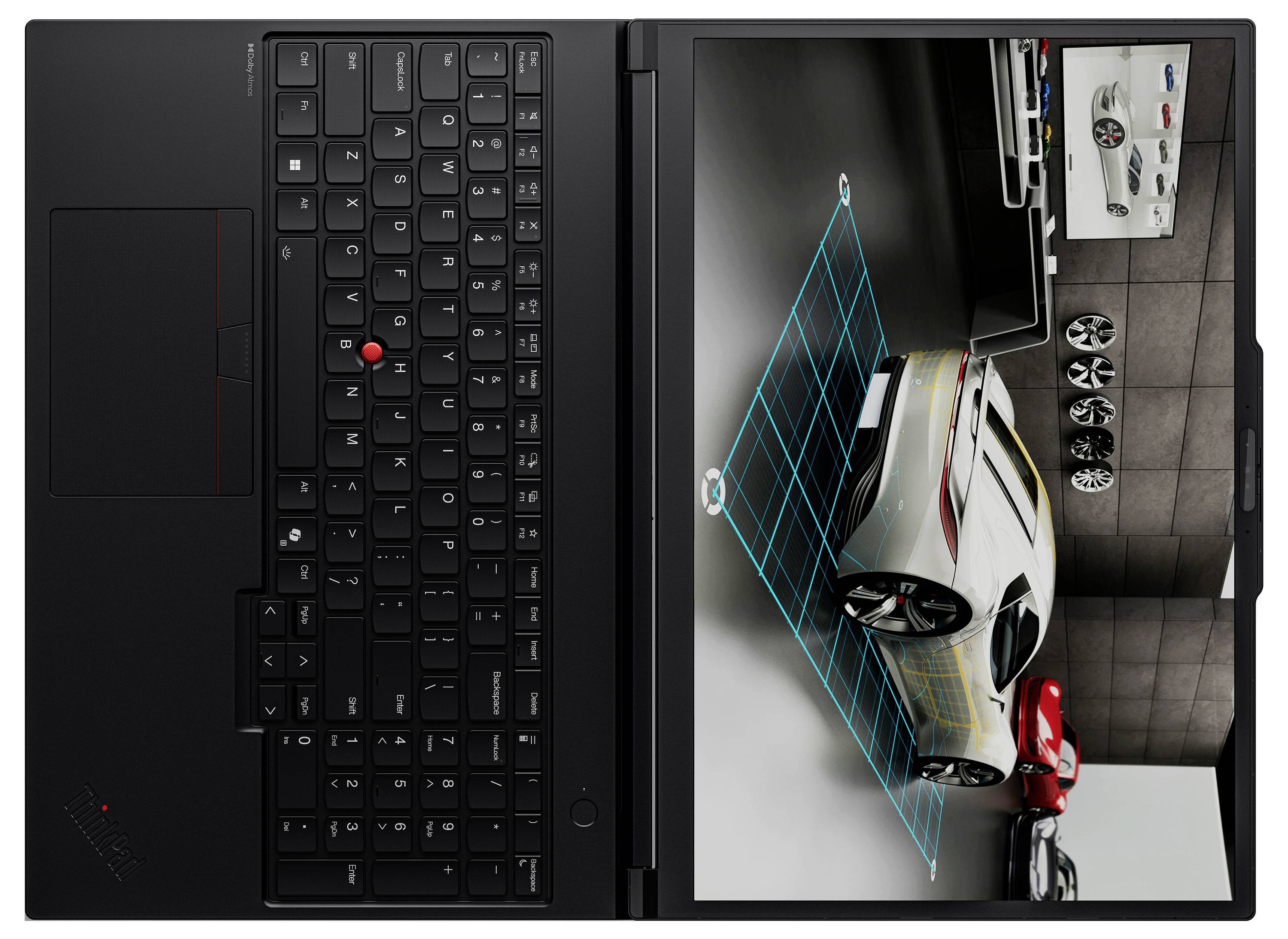Ein schwarzer Laptop mit offenenem Deckel zeigt ein lebendiges geometrisches Design in Blau- und Rottönen auf dem Bildschirm und unterstreicht sein elegantes Design.