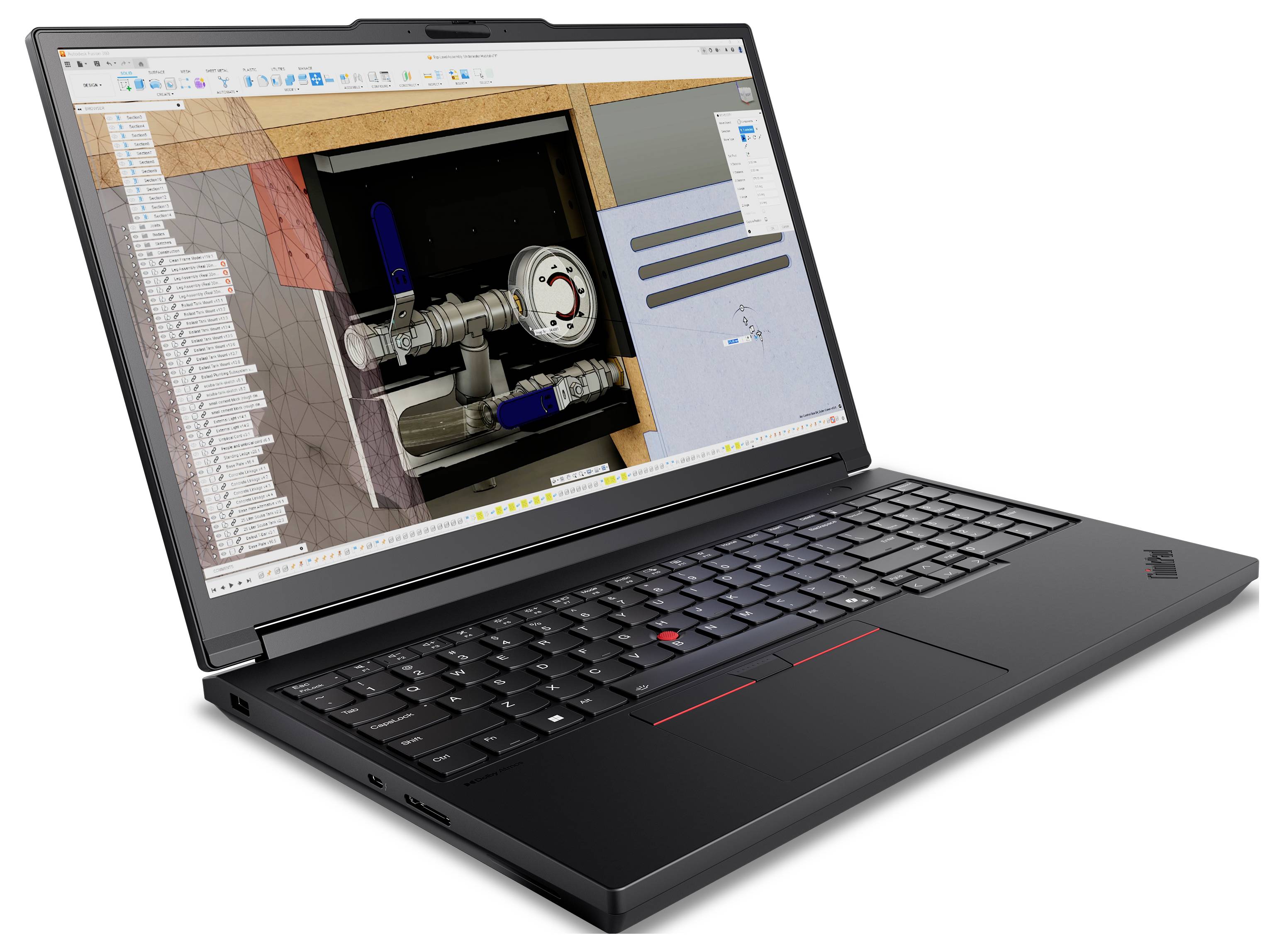 Ein schwarzer Laptop mit CAD-Software auf dem Bildschirm, die ein 3D-Modell eines Rohr- und Ventilsystems anzeigt. Die Tastatur hat einen roten Trackpoint.