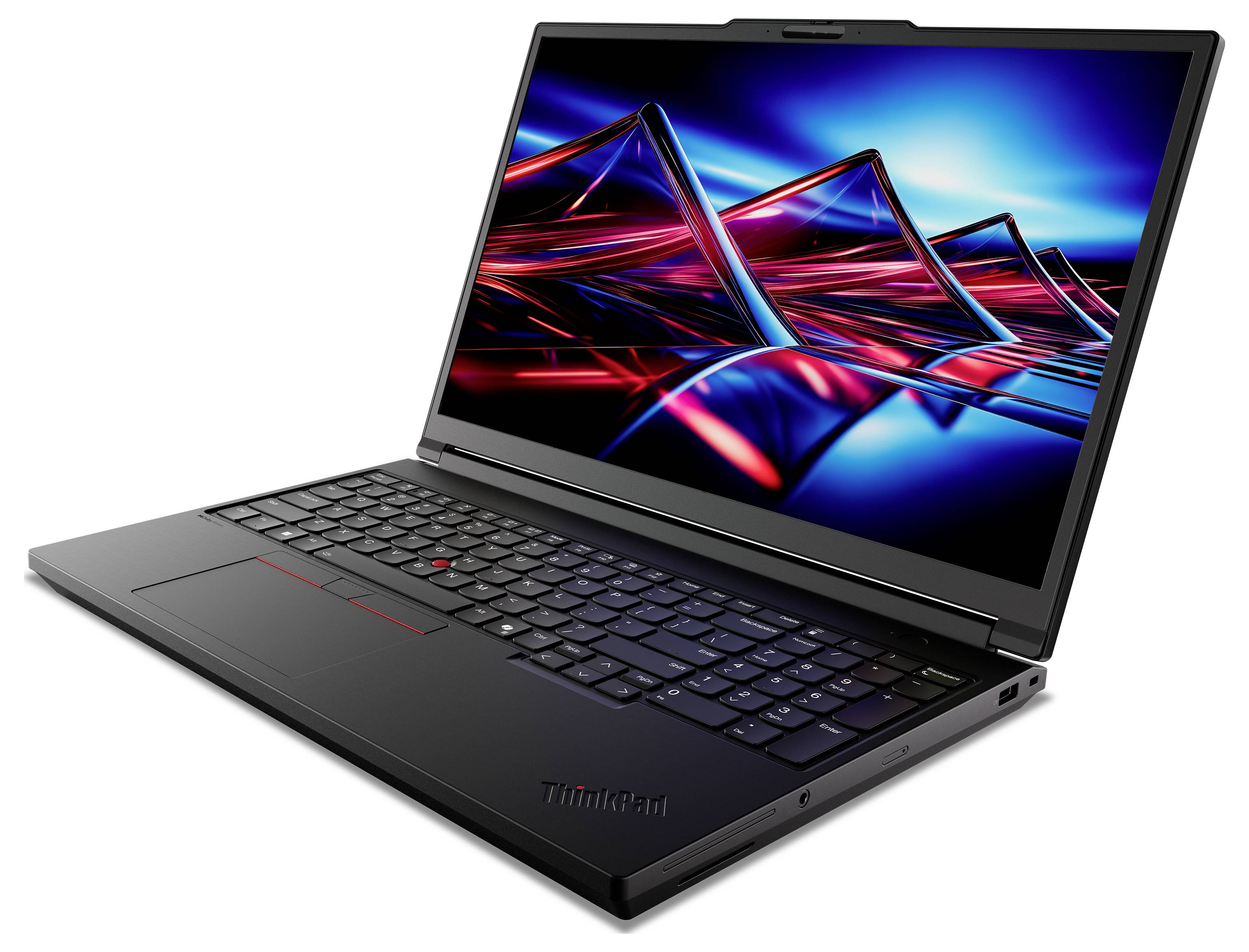 Ein schlanker, schwarzer Laptop, der in einem Winkel geöffnet ist und ein lebendiges abstraktes Design auf dem Bildschirm anzeigt. Die Tastatur ist beleuchtet und zeigt saubere Linien.