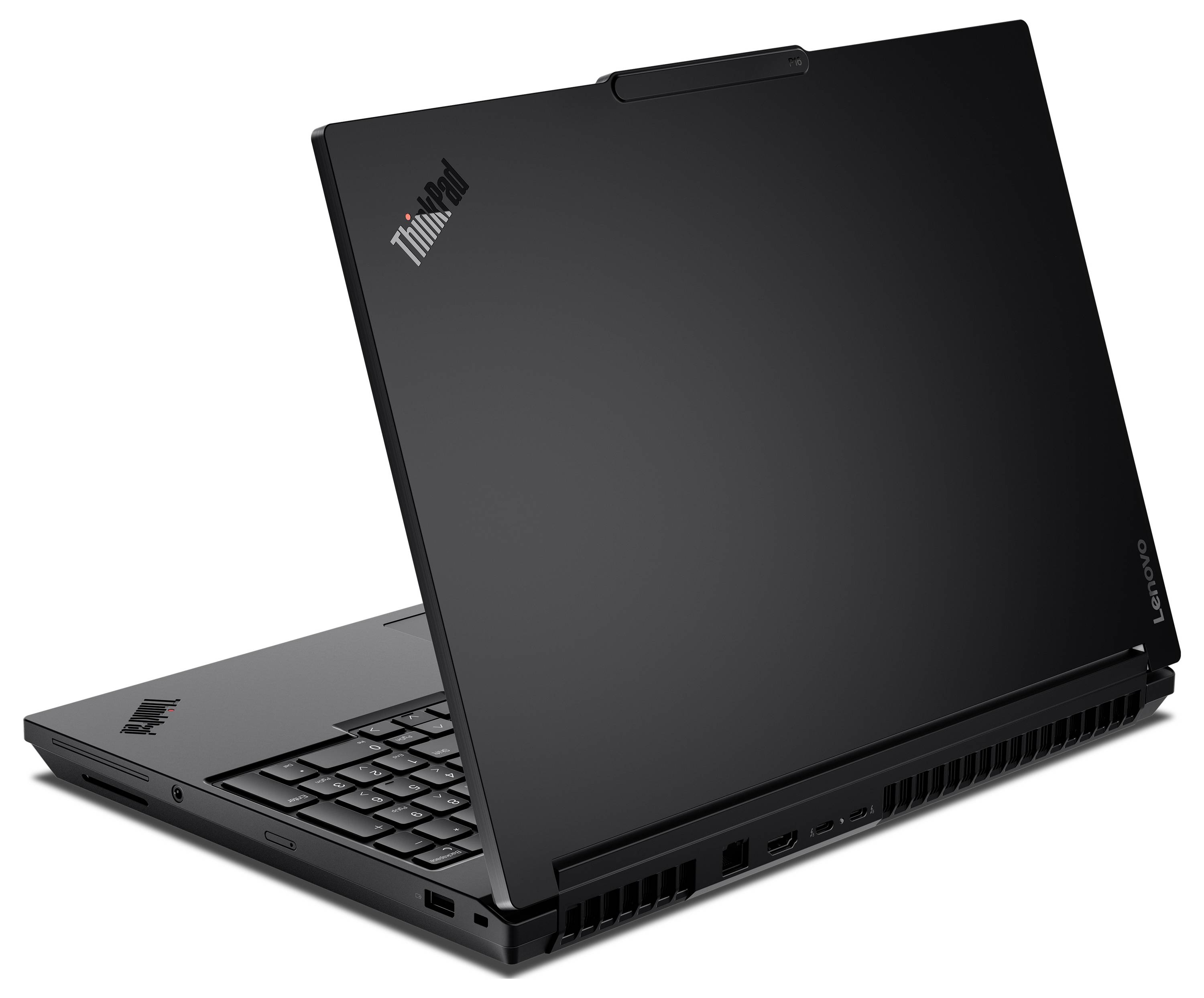 Ein schwarzer Laptop, teilweise geöffnet, der seine Tastatur und die Rückseite des Bildschirms zeigt. Das Gerät zeigt die Logos 