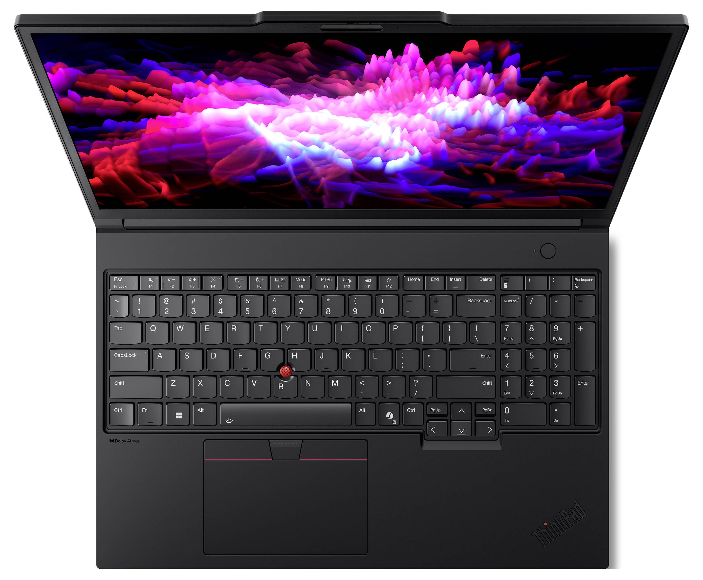 Ein schwarzer Laptop mit einem farbenfrohen abstrakten Display, ausgestattet mit einer vollständigen Tastatur und einem roten Trackpoint in der Mitte.