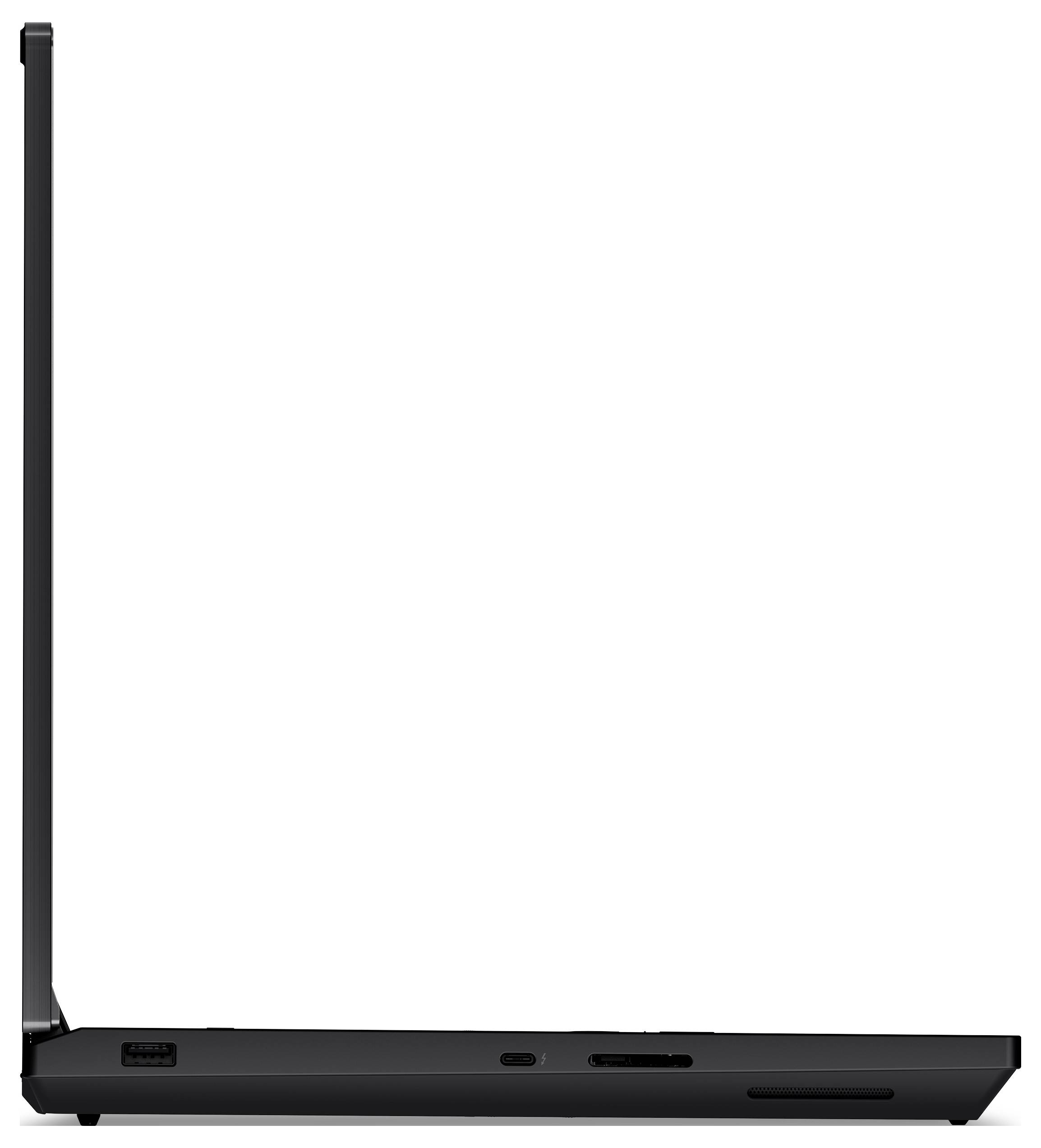 Das Bild zeigt einen dünnen, schwarzen Laptop, der zur Seite hin teilweise geöffnet ist und sein schlankes Profil und kompaktes Design hervorhebt.