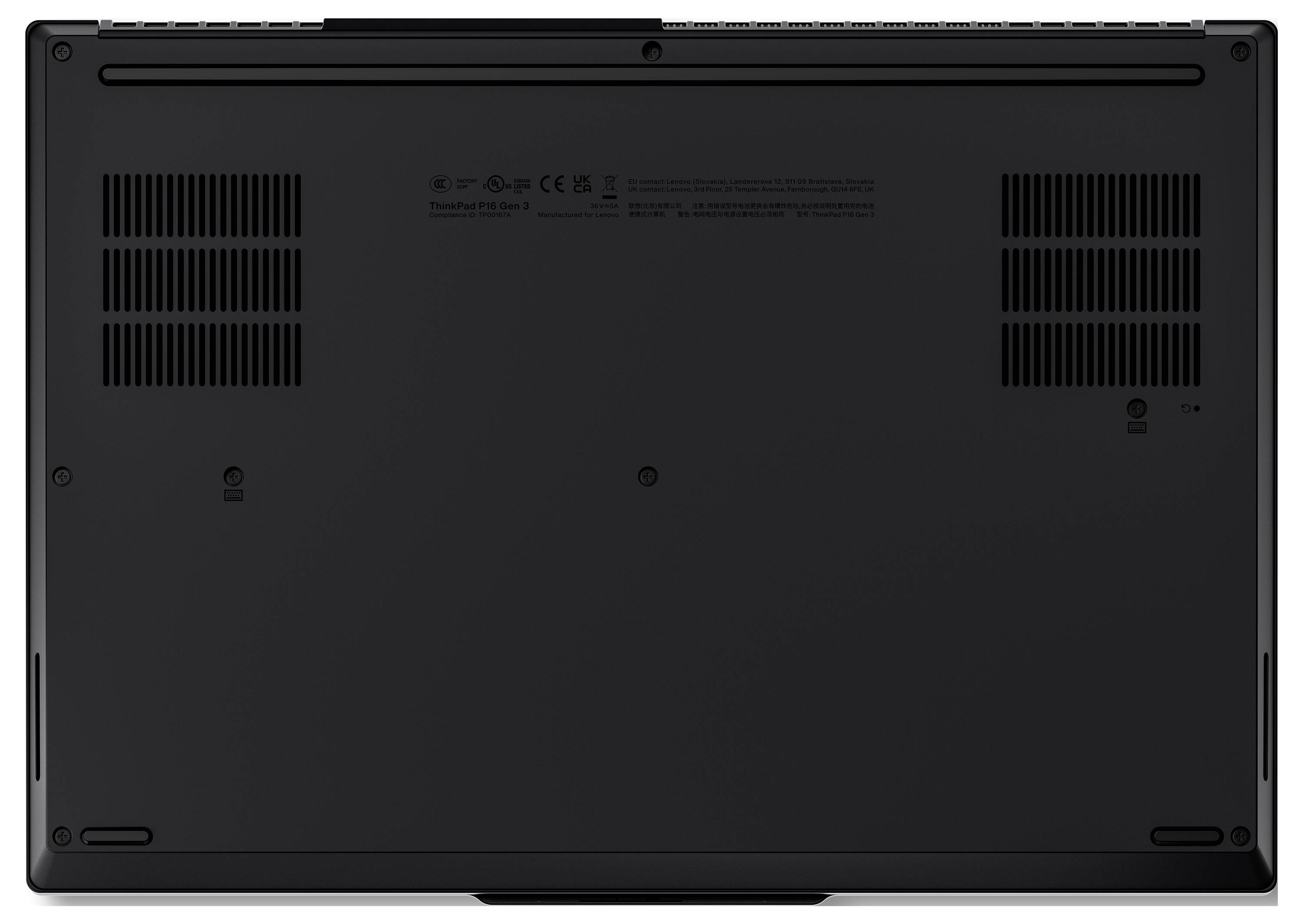 Unteransicht eines geschlossenen Laptops mit Lüftungsgittern, Schrauben und Kennzeichnungsetiketten. Die Oberfläche ist matt schwarz mit minimalistischem Design.