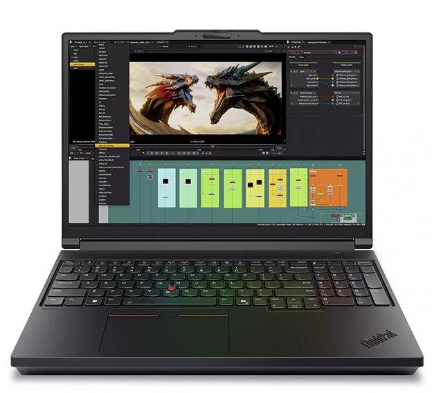 Ein schwarzer Laptop zeigt eine Bearbeitungssoftware an, auf dem Bildschirm sind zwei Drachen zu sehen, die sich gegenseitig gegenüberstehen, darunter befinden sich farbcodierte Audiospuren.
