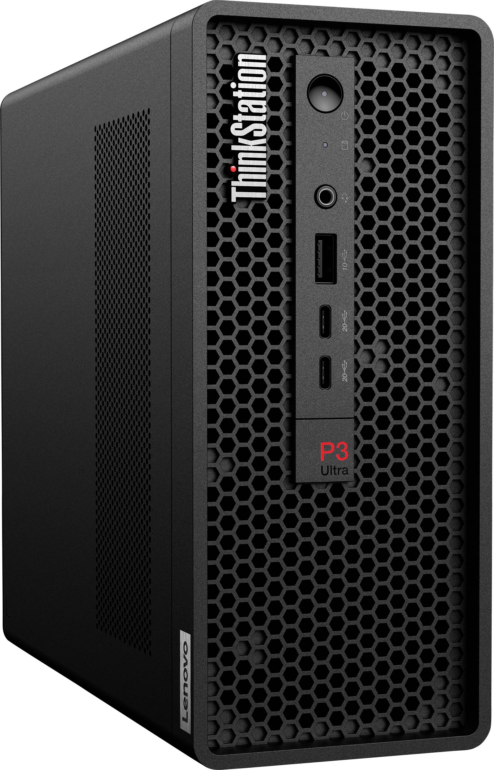 Ein schwarzer Desktop-Computer-Turm mit der Bezeichnung „ThinkStation