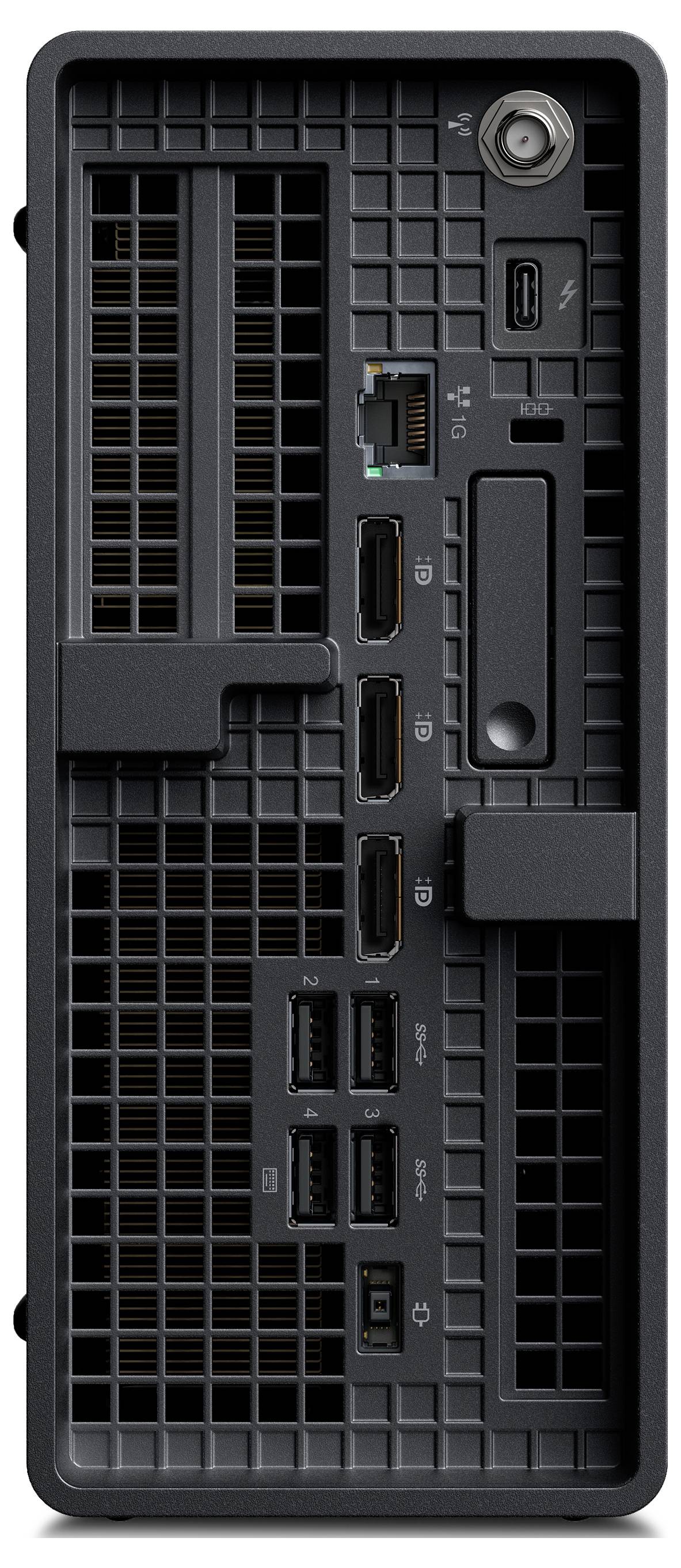Das Bild zeigt die Rückseite eines Desktop-Computers mit verschiedenen Anschlüssen, darunter HDMI, USB, Ethernet und Stromverbindungen.