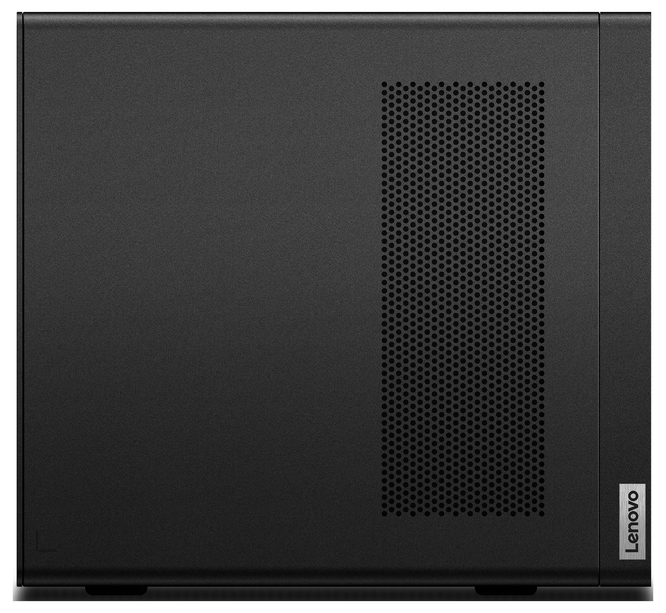 Ein schwarzer Lenovo-Computerturm mit perforiertem Design zur Belüftung an der Seite.