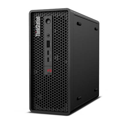 Ein schwarzer Mini-Desktop-Computer mit dem Markennamen „ThinkStation