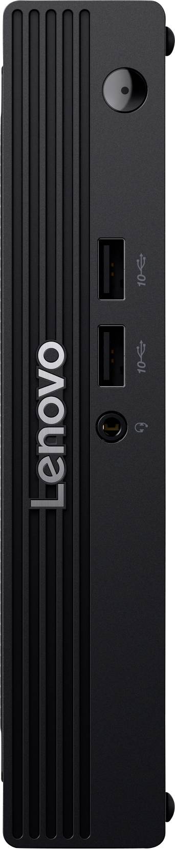 Ein schwarzer Lenovo Mini-PC-Tower mit einem Netzschalter, zwei USB-Anschlüssen und einer Audiobuchse an der Vorderseite.