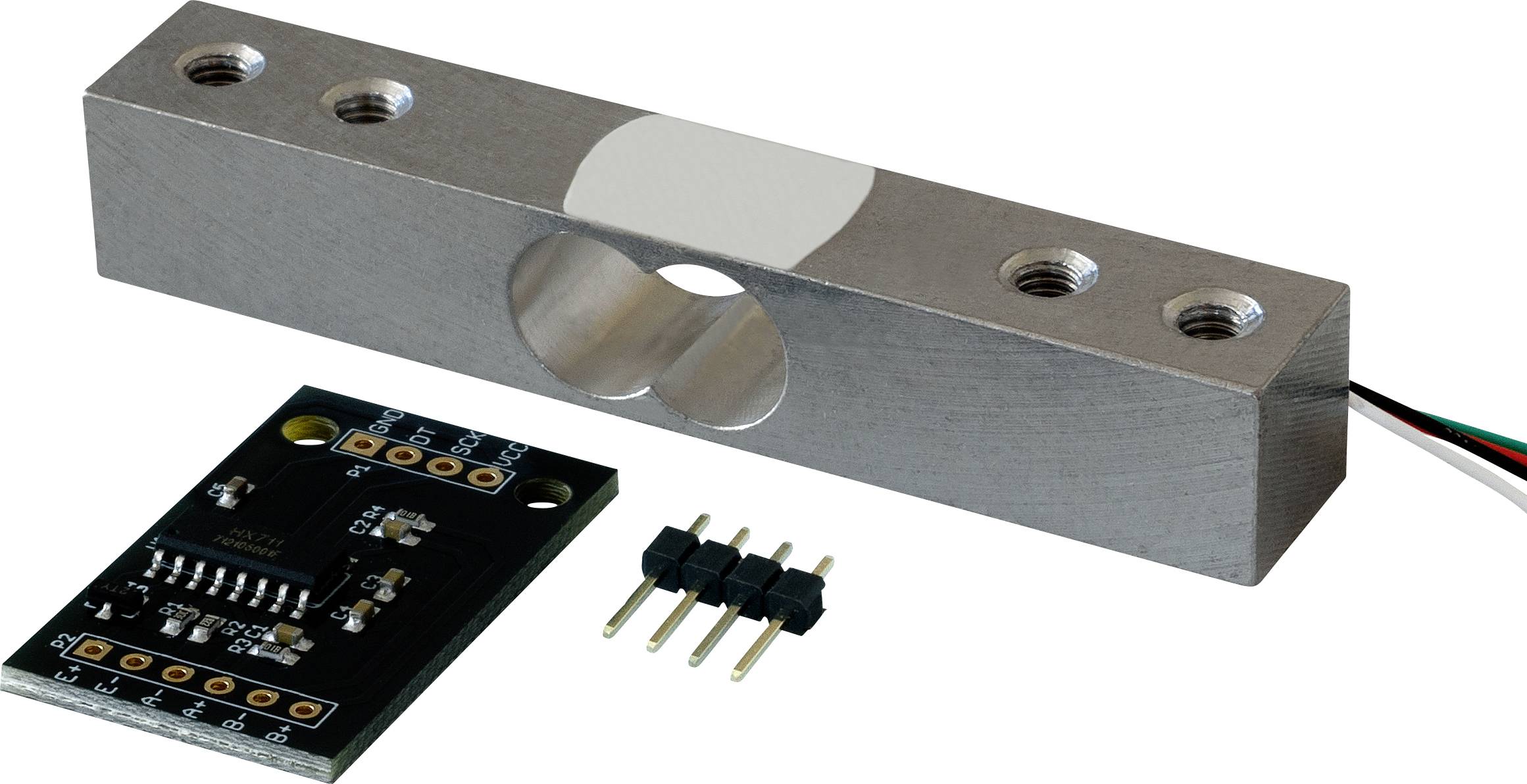 Metalldehnmessstreifen-Sensor mit zentraler Bohrung, Schaltmodul und 4-Pin-Stecker auf weißem Hintergrund