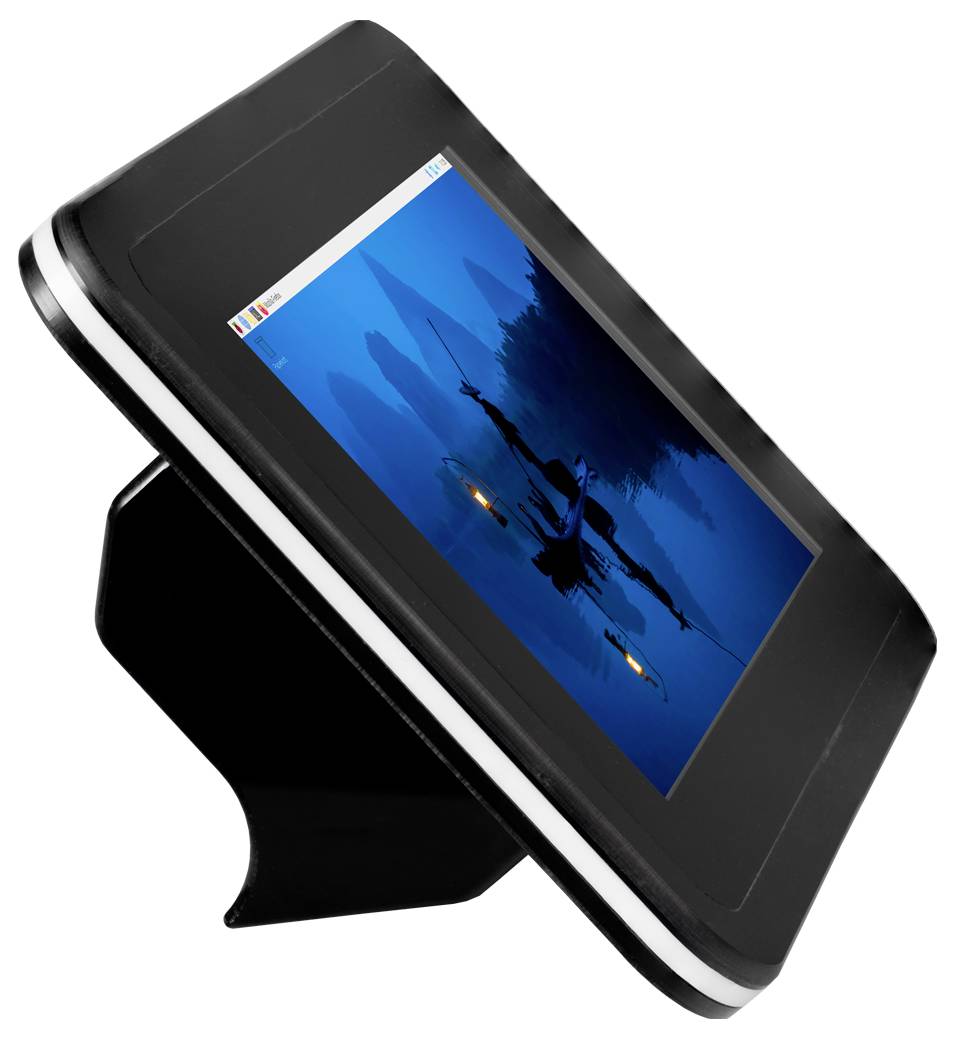 Geneigtes schwarzes Touchscreen-Gerät auf einem Ständer, das eine blaue Szene mit einer Hubschrauber- oder Flugzeugsilhouette und Bergen anzeigt.