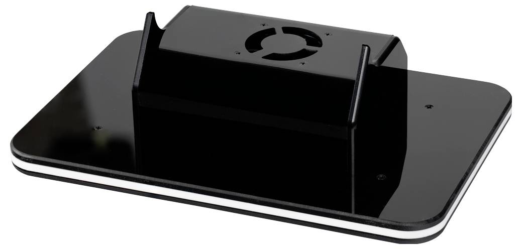 Schwarze elektronische Gerätebasis mit erhöhtem zentralem Gehäuse und kreisförmiger Belüftung, gezeigt auf weißem Hintergrund.