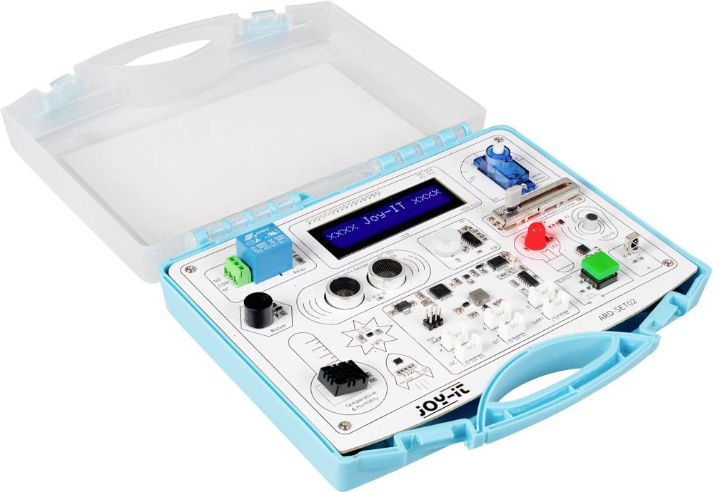 Ein blau-weißer elektronischer Bausatz mit verschiedenen Komponenten, Schaltern und einem kleinen digitalen Display, konzipiert für Lernprojekte im Bereich Elektronik.