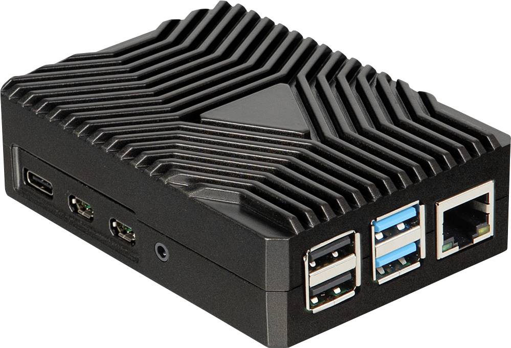 Schwarze kompakte Computerbox mit belüftetem Oberteil und Seitenöffnungen, die USB-C, USB-A, Audiobuchse und Ethernet auf der Vorderseite zeigt.