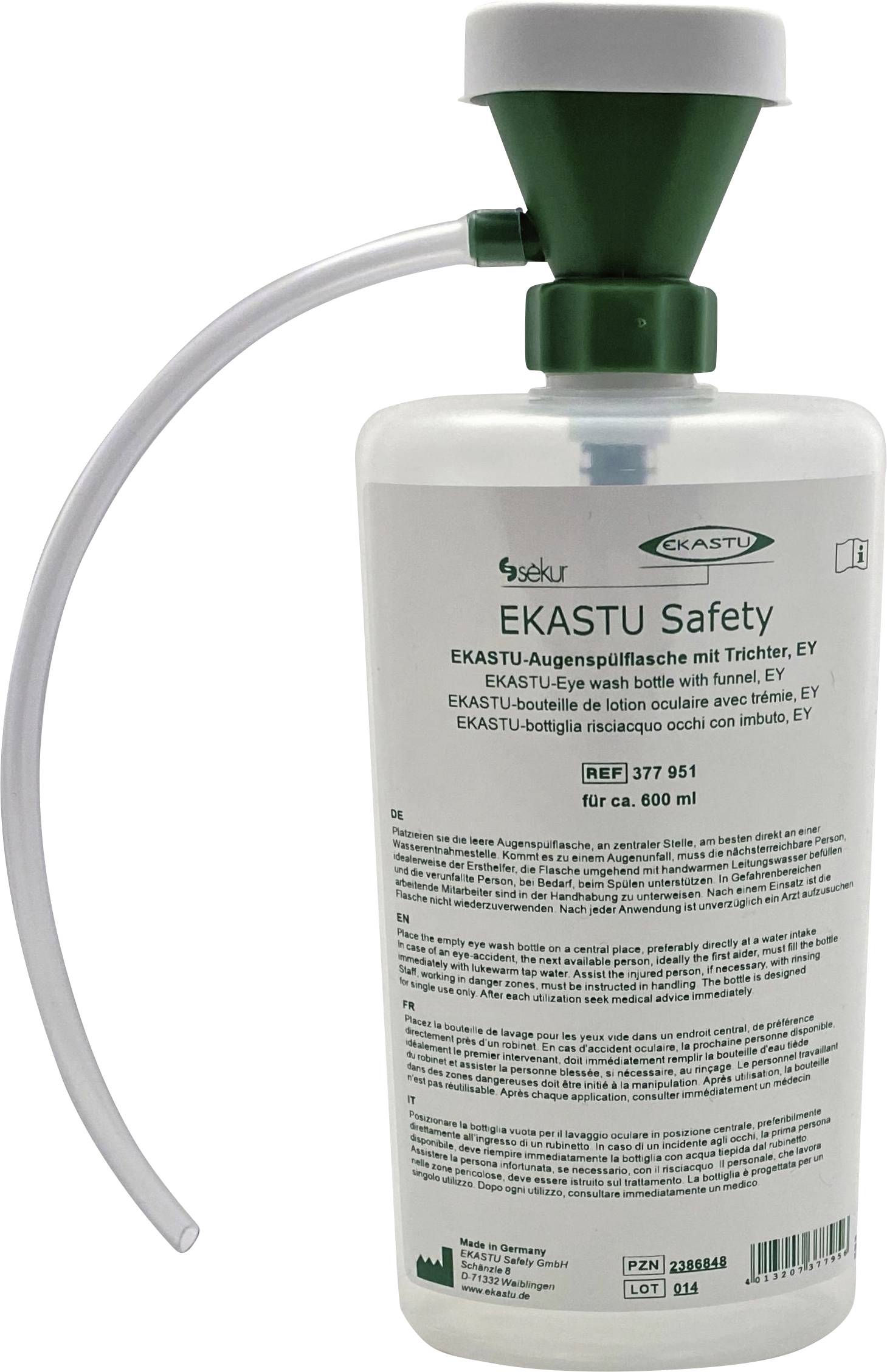 Eine Flasche mit der Aufschrift „EKASTU Safety