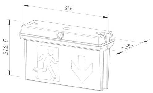 Notausgangsschild mit Pfeil nach unten weisend. Abmessungen: Breite 336 mm, Höhe 212,5 mm, Tiefe 110 mm.