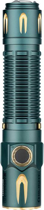 Eine blaugrüne und goldene Taschenlampe mit strukturiertem Griff und auffälligem Knopf, entworfen für die Verwendung in der Hand.