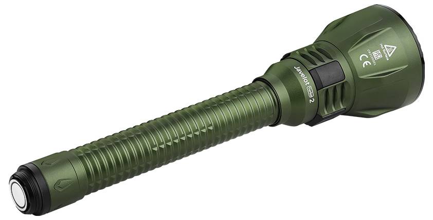 Eine grüne, zylindrische Taschenlampe mit strukturiertem Griffgriff und großer Frontlinse, entwickelt für Outdoor- oder Notfalleinsätze.