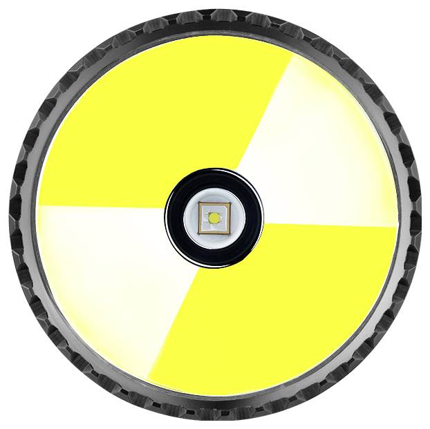 Ein rundes LED-Taschenlampen-Kopfteil strahlt helles gelbes Licht mit einer zentralen LED in einem schwarzen Gehäuse aus, das einen Kontrast zum gelben Glühen bildet.