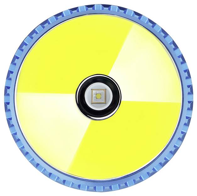 Ein kreisförmiges LED-Blitzlicht von vorne betrachtet, mit einer gelben reflektierenden Oberfläche und einem blauen äußeren Rand, sichtbare zentrierte LED-Glühbirne.