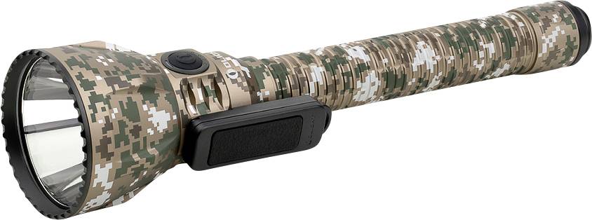 Tarnmuster-Taschenlampe mit strukturiertem Griff, das Licht reflektierend.
