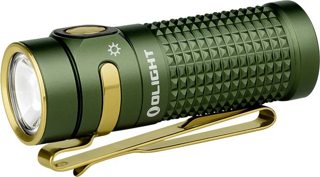Eine kompakte grüne Taschenlampe mit strukturiertem Griff, Seitenschalter und Clip. Sie gibt einen fokussierten Lichtstrahl ab und eignet sich für den tragbaren Einsatz.