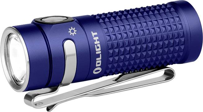Eine blaue kompakte Taschenlampe mit strukturiertem Griff, einem silbernen Clip und einem Ein-/Aus-Schalter an der Seite.