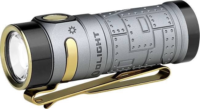 Eine kompakte, grau-schwarze Taschenlampe mit goldenem Clip, für tragbare Verwendung konzipiert und mit strukturiertem Griff für einfache Handhabung.
