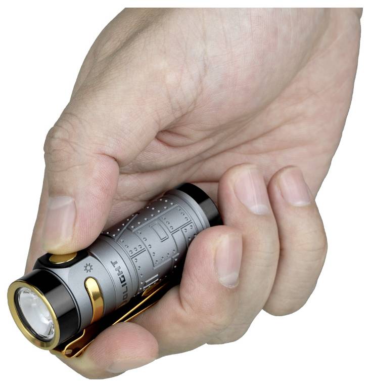 Eine Hand hält eine kompakte Taschenlampe mit silbernem Gehäuse und goldenem Schalter, was darauf hindeutet, dass sie tragbar ist und für einfaches Greifen konzipiert wurde.