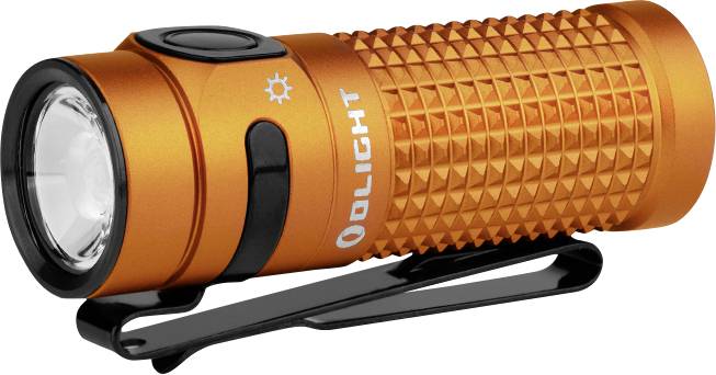 Orange kleine Taschenlampe mit strukturiertem Griff, Seitenknopf und Taschengurt. Die Marke 