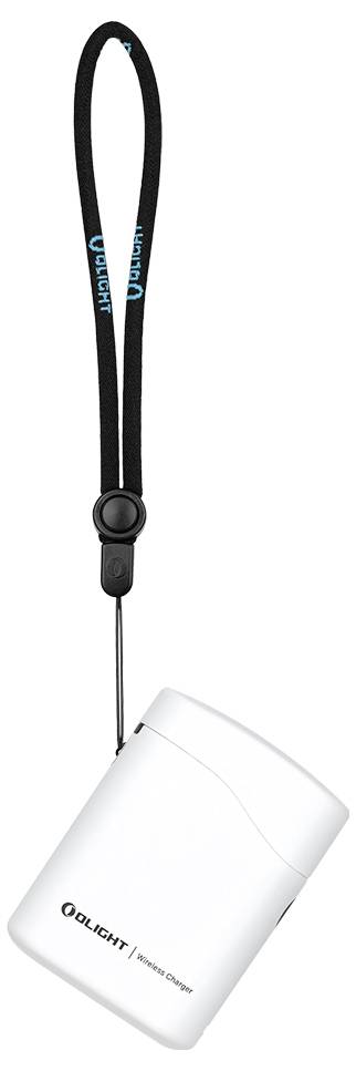 Tragbares weißes Olight-Mobilladegerät mit schwarzem Handgelenkband, das oben angebracht ist.