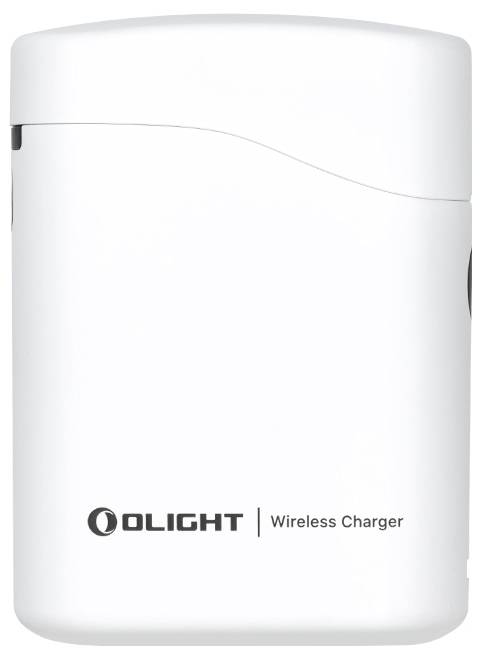 Ein kompakter weißer kabelloses Ladegerät mit der Aufschrift „OLIGHT Wireless Charger" auf der Vorderseite, mit einem gekrümmten Oberflächendesign.