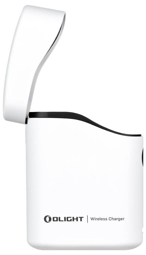 Drahtloses Ladegerät in Weiß mit offenem Deckel, Marke 'Olight'.