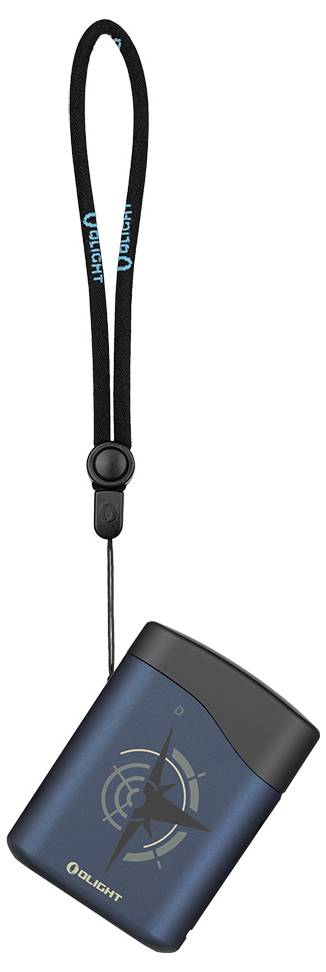 Eine kleine, blaue tragbare Taschenlampe mit angebrachtem Handgelenkband, die ein kreisförmiges Design und ein Logo auf der Vorderseite aufweist.