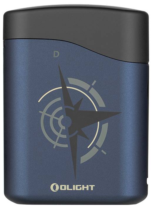 Ein blauer und schwarzer kompakter Koffer mit einem Kompass-Design auf der Vorderseite und dem Markenlogo „Olight" am unteren Ende.