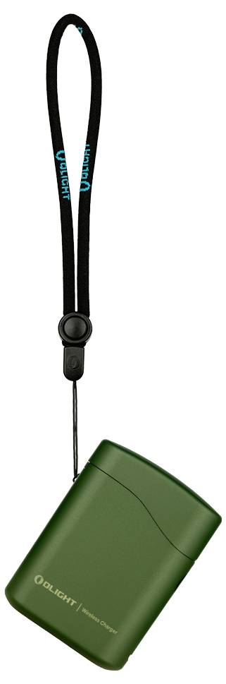 Ein grünes tragbares Feuerzeug mit schwarzem Handgelenkband, das das 'Olight'-Logo trägt.