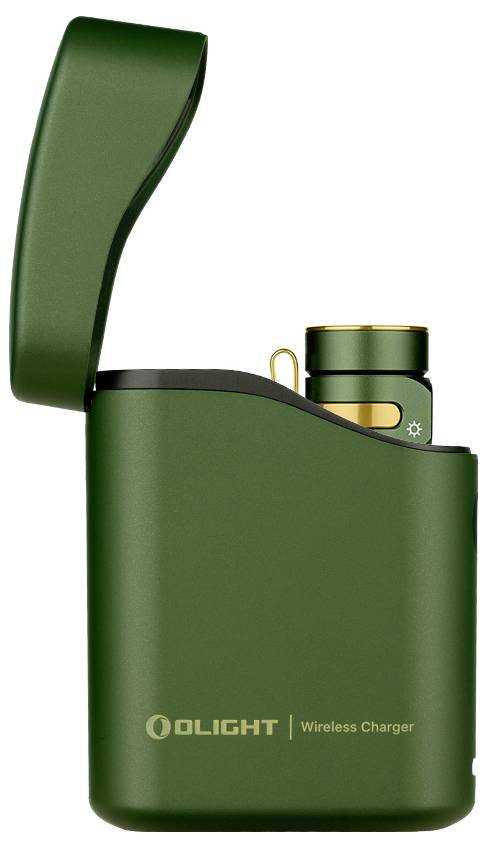 Ein grünes Olight Wireless-Ladegerät mit geöffnetem Deckel, das eine interne zylindrische Komponente zeigt. Das Markenlogo und der Name sind auf der Vorderseite sichtbar.