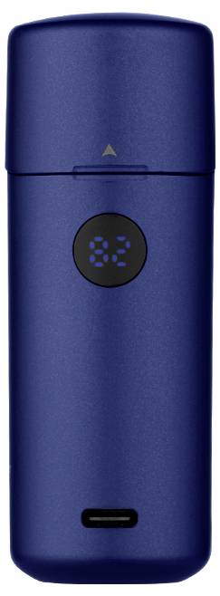 Ein elegantes blaues zylindrisches elektronisches Gerät mit einem digitalen Display, das '82' auf der Vorderseite anzeigt, und einen USB-Anschluss am unteren Ende.