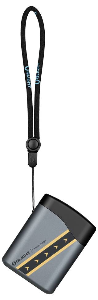 "Olight" tragbare Taschenlampe mit schwarzem Trageband, mit grauem und schwarzem Gehäuse und orangefarbenem Pfeildesign.