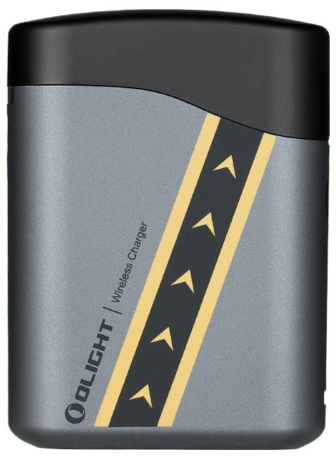 Ein kabelloses Ladegerät mit elegantem grau-schwarzem Design, das ein gelb-schwarzes diagonales Streifenmuster aufweist.