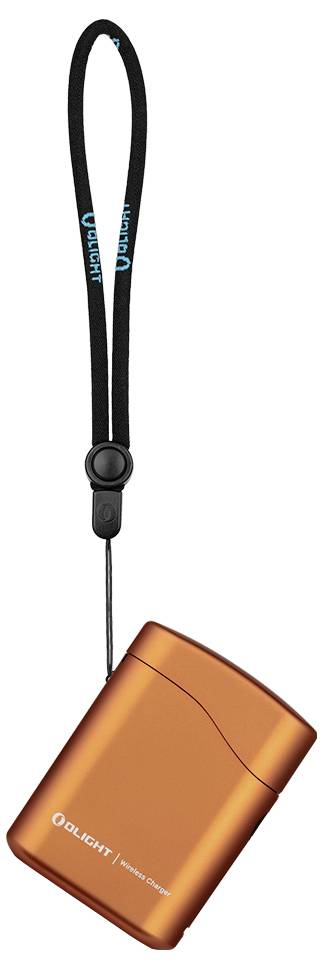 Eine orangefarbene Olight-Taschenlampe mit schwarzem Riemen, die blaue Beschriftung aufweist und für Portabilität und einfache Handhabung konzipiert ist.