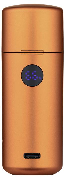 Orange wiederaufladbares elektronisches Gerät mit digitaler Anzeige, die den Batteriezustand anzeigt.