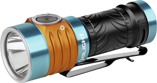 Eine kompakte, farbenfrohe Taschenlampe mit orangefarbenem, blauem und schwarzem Design, mit dem Markennamen „OLIGHT