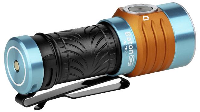 Eine kompakte Taschenlampe mit türkis- und orangefarbenem Finish, mit strukturiertem schwarzem Griff und einer Klammer für einfache Befestigung.